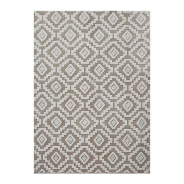 8 ft. x 10 ft. Brown/White Modern Diamond Geometric Washable Microfleece Area Rug