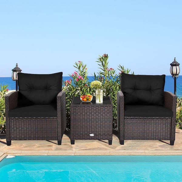 FORCLOVER 3-Pieces Rattan Patio Conversation Set with Black Cushion