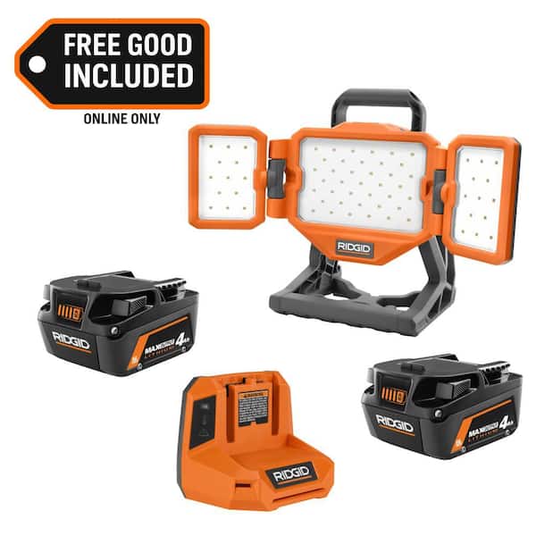 Home Depot: RIDGID 18V MAX Output Starter Kit w/ (2) 4.0 Ah Batteries & Charger w/ 18V Hybrid LED Panel Light (AC8609340SB-R8698B)