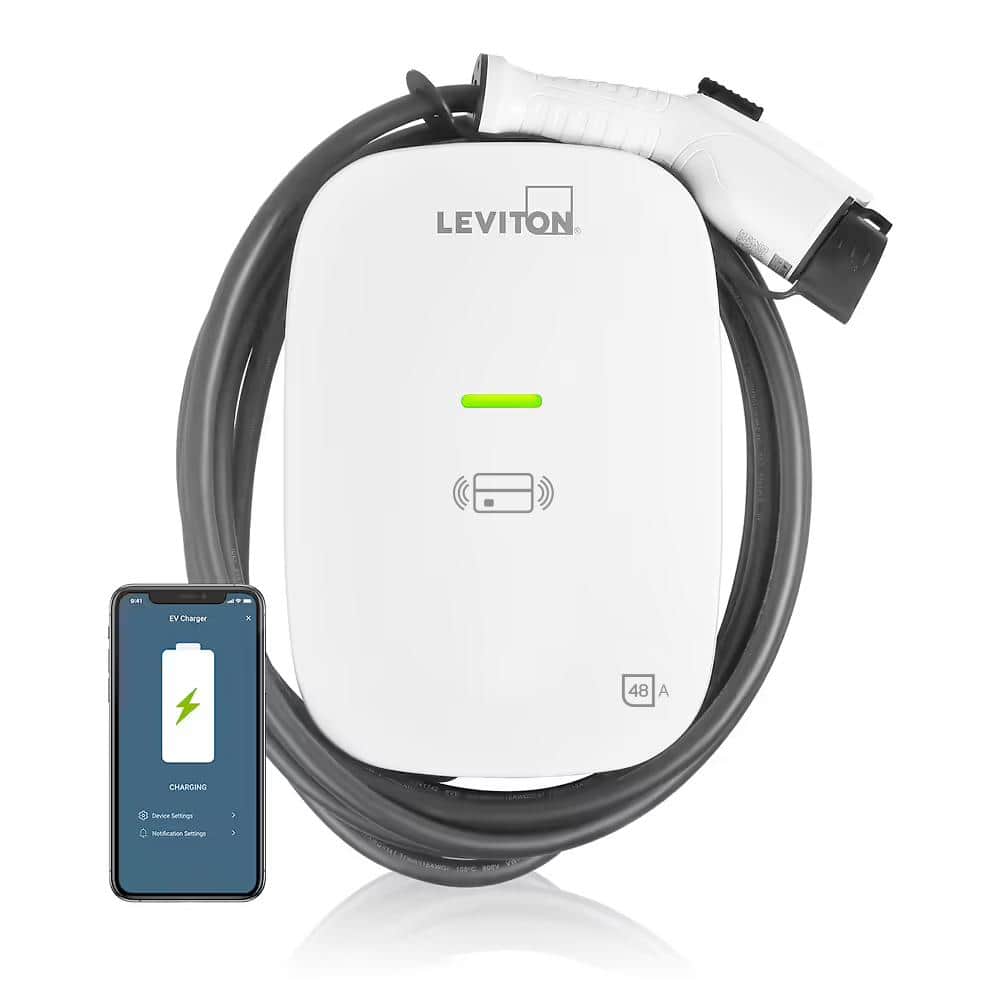Leviton EV48W Level 2 Electric Vehicle Charging Station with Wi-Fi, 48 Amp, 208/240 VAC, 11.6 kW Output, 18' Charging Cable, Hardwired, White (B0BHM3Y1LK)