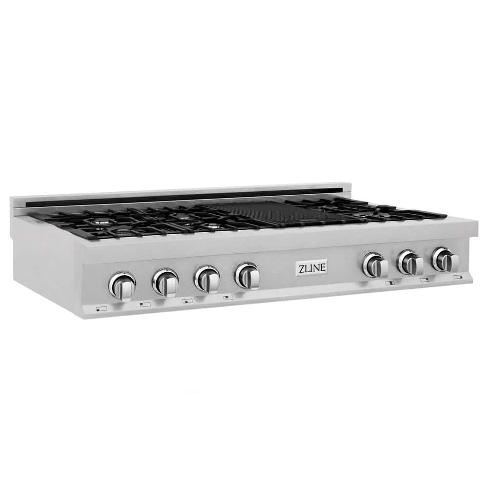ZLINE Kitchen and Bath 48 in. 7 Burner Front Control Porcelain Gas Cooktop in Fingerprint Resistant Stainless Steel with Griddle