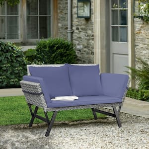 Wicker Outdoor Day Bed Convertible Patio Couch with Navy Cushion & Pillow