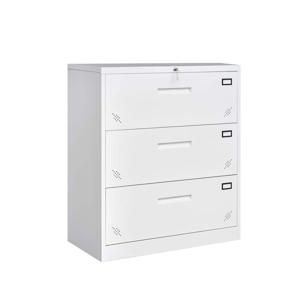 URTR Home Office 3-Drawer White Metal 40 in. H x 35 in. W x 17.7 in. Lateral File Cabinet Document Floor Storage Cabinet -  HY03140Y