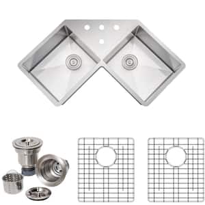 New Chef's Collection Handcrafted Undermount Stainless Steel 46 in. 4 Holes 50/50 Double Bowl Kitchen Sink Package