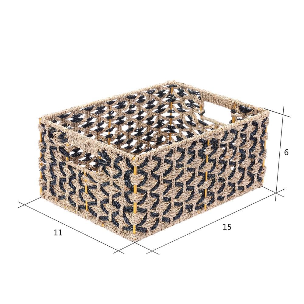 Set of 2 Black and Natural Seagrass Rectangular Storage Baskets