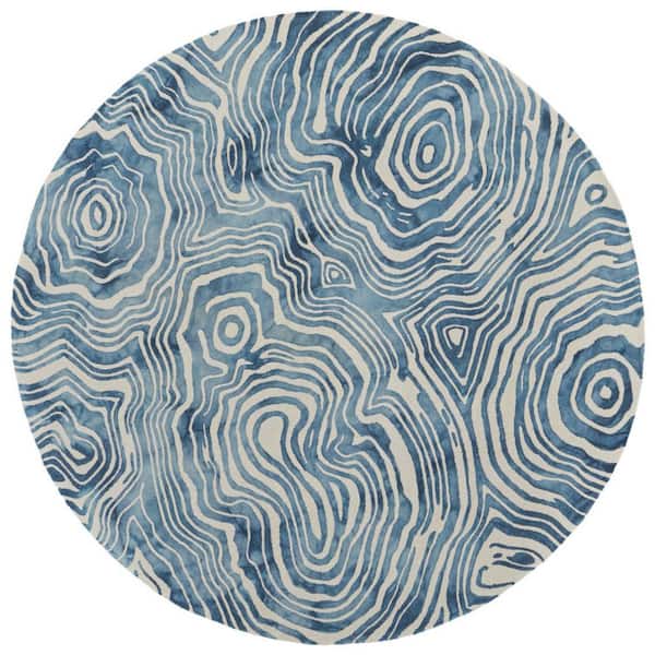 Ivory, Blue 10 ft. Round Tufted Geometric Wool Indoor Area Rug