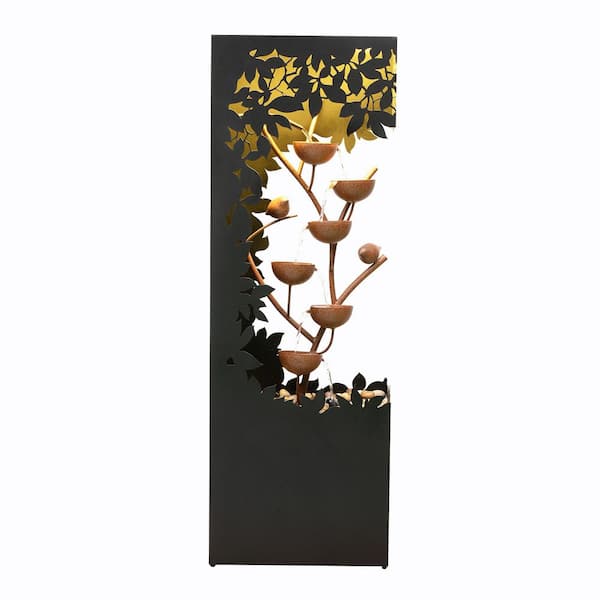 Black LED Cascade Fountain with Hollowed Flower and Bowl Design - Outdoor