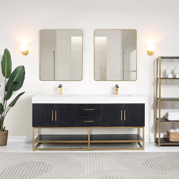 Altair Bianco 72 in. W x 22 in. D x 34 in. H Double Sink Bath Vanity in Black Oak with White Composite Stone Top and Mirror