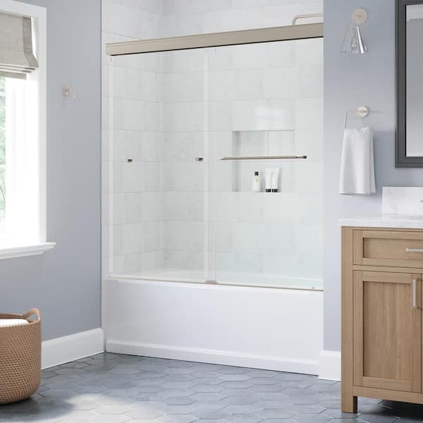 Delta Portwood 60 in. W x 58 in. H Semi-Frameless Sliding Bathtub Door, Brushed Nickel, 6 mm Clear Glass