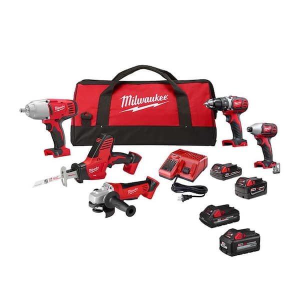 Milwaukee M18 18V Lithium-Ion Cordless Combo Kit (5-Tool) with (4) Batteries, Charger, and Tool Bag