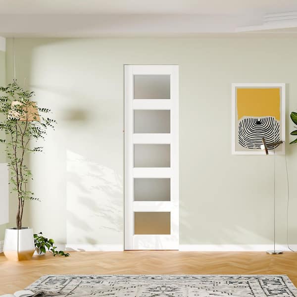 24 in. x 80 in. 5 Lite Frosted Glass, Solid Core, DIY Painted, White Primed, MDF Sliding Door with All Hardware
