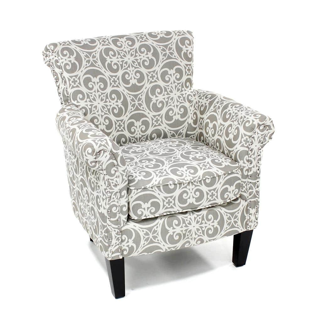 Gray Geometric Wood Accent Chair with Nailhead Trim