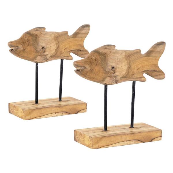 A & B Home Fish Figure on Stand - Set of 2 - Brown