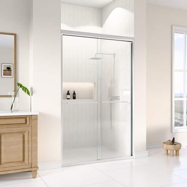 48 in. W x 72 in. H Double Sliding Framed Shower Door in Brushed Nickel with SGCC 5/16 in. (8 mm) Tempered Clear Glass