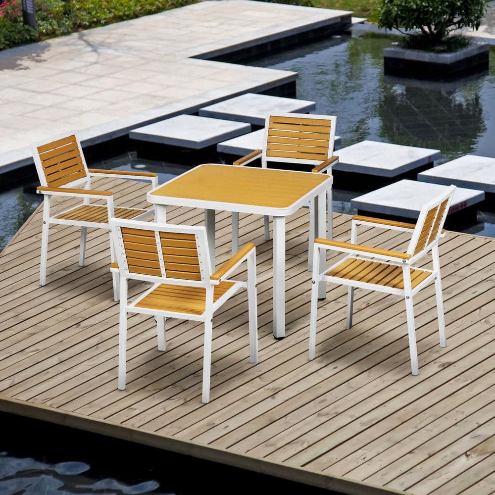 4-Piece White and Light Brown Aluminum Outdoor Dining Set