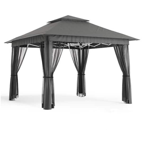 13 ft. x 13 ft. Pop Up Gazebo Tent with Mosquito Netting, Outoor Canopy Tent for Lawn Backyard, Gray