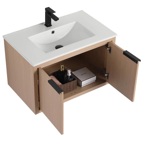 Kingsford 30 in. Single Wall Mounted White Oak Bath Vanity with Doors with White Ceramic Sink Top