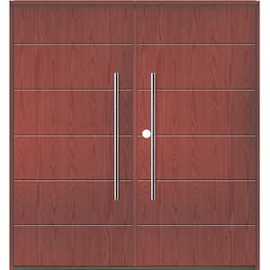 TETON Modern Faux Pivot 72 in. x 80 in. Right-Active/Inswing Redwood Stain Double Fiberglass Prehung Front Door