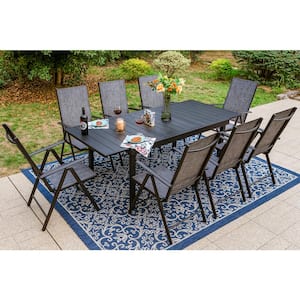 9-Piece Metal Patio Outdoor Dining Set with Rectangle Extensible Table and Gray Reclining Folding Sling Chairs