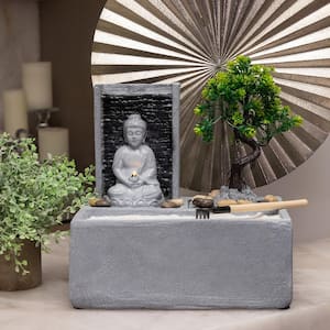 13 in. Tall Buddha Zen Garden Tabletop Waterfall Fountain with LED Light, Gray