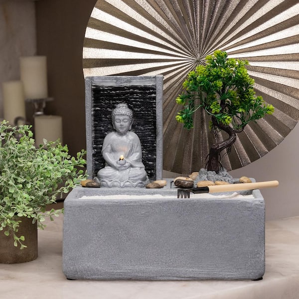 13 in. Tall Buddha Zen Garden Tabletop Waterfall Fountain with LED Light, Gray