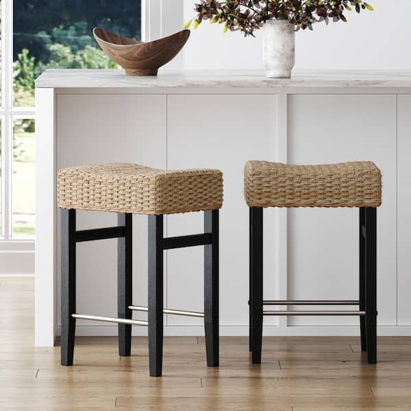 Harvey 25 in. Brushed Black Solid Wood Bar Stool with Woven Seagrass Seat and Metal Footrest, (Set of 2)
