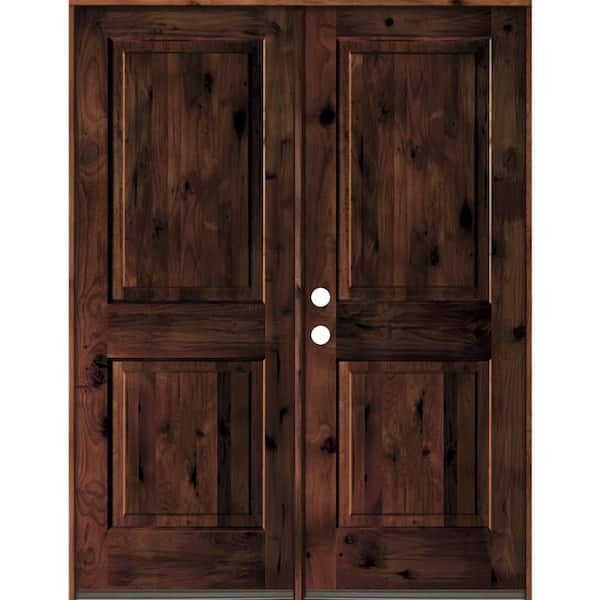 64 in. x 80 in. Rustic Knotty Alder 2-Panel Square Top Red Mahogony Stain Right-Hand Wood Double Prehung Front Door