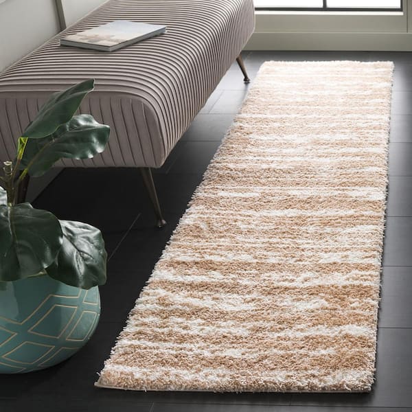 Tahoe Shag 2 ft. x 8 ft. Ivory/Gold Distressed Striped Runner Rug