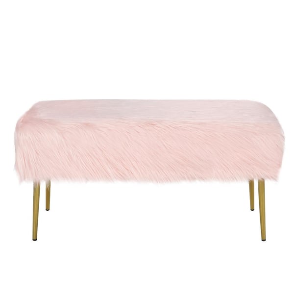 Costway Pink 18 in. Fauxfur Ottoman Bench Modern Vanity Bench Bar Stool with Golden Legs