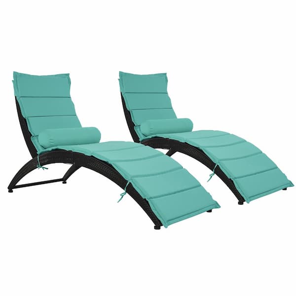 waelph Black 2-Piece PE Rattan Foldable Wicker Outdoor Chaise Lounge with Removable Blue Cushion and Bolster Pillow