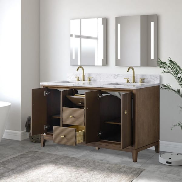 60 in. W x 34 in. H Double Sink Walnut Bath Vanity Cabinet with Arabescato White Engineered Marble Top