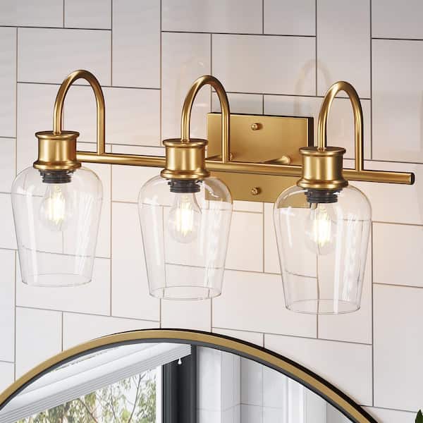 21.7 in. 3-Light Modern Brushed Gold Bathroom Vanity Light with Clear Glass Shade, No Bulbs Included