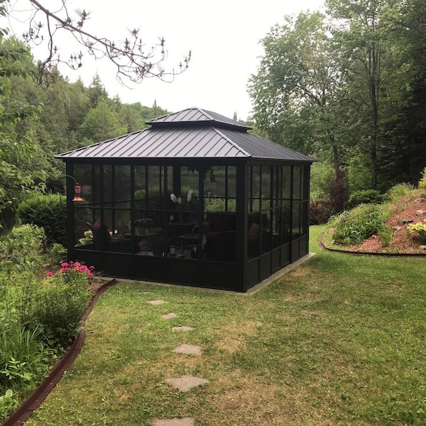 12 ft. x 14 ft. Sunroom Hardtop Gazebo Solarium Galvanized Steel Double Roof Aluminum Screen House Patio Backyard Gray