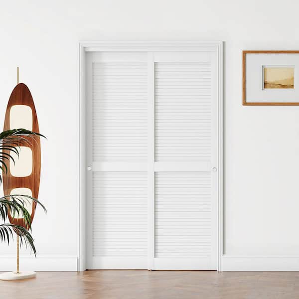 48 in. x 80 in. White Louver MDF Sliding Door Panel with Handle, Hardware Track Kit and Floor Guide, Finished Doors
