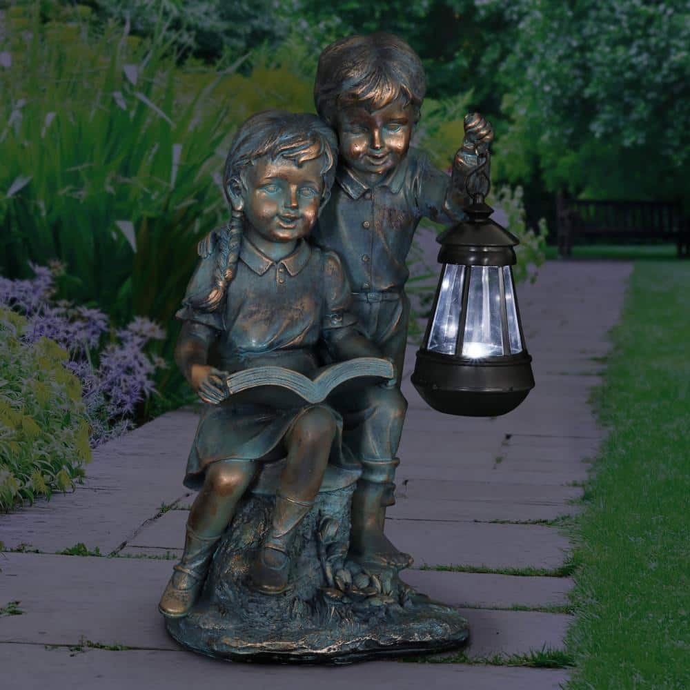 Solar Faux Bronze Girl and Boy Garden Statue with LED Lantern
