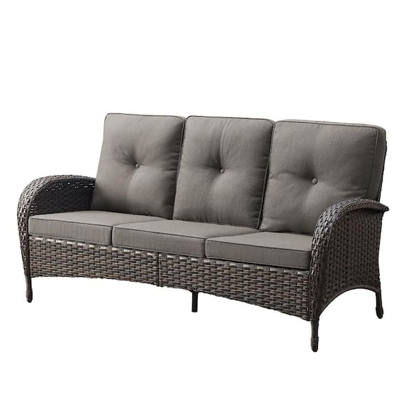 3-Seats Sofa Wicker Outdoor Chaise Lounge, All-Weather Outdoor CushionGuard Couch with Gray Cushions