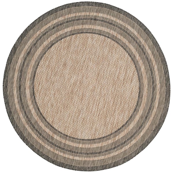 Courtyard Natural/Black 8 ft. x 8 ft. Solid Color Striped Indoor/Outdoor Round Area Rug