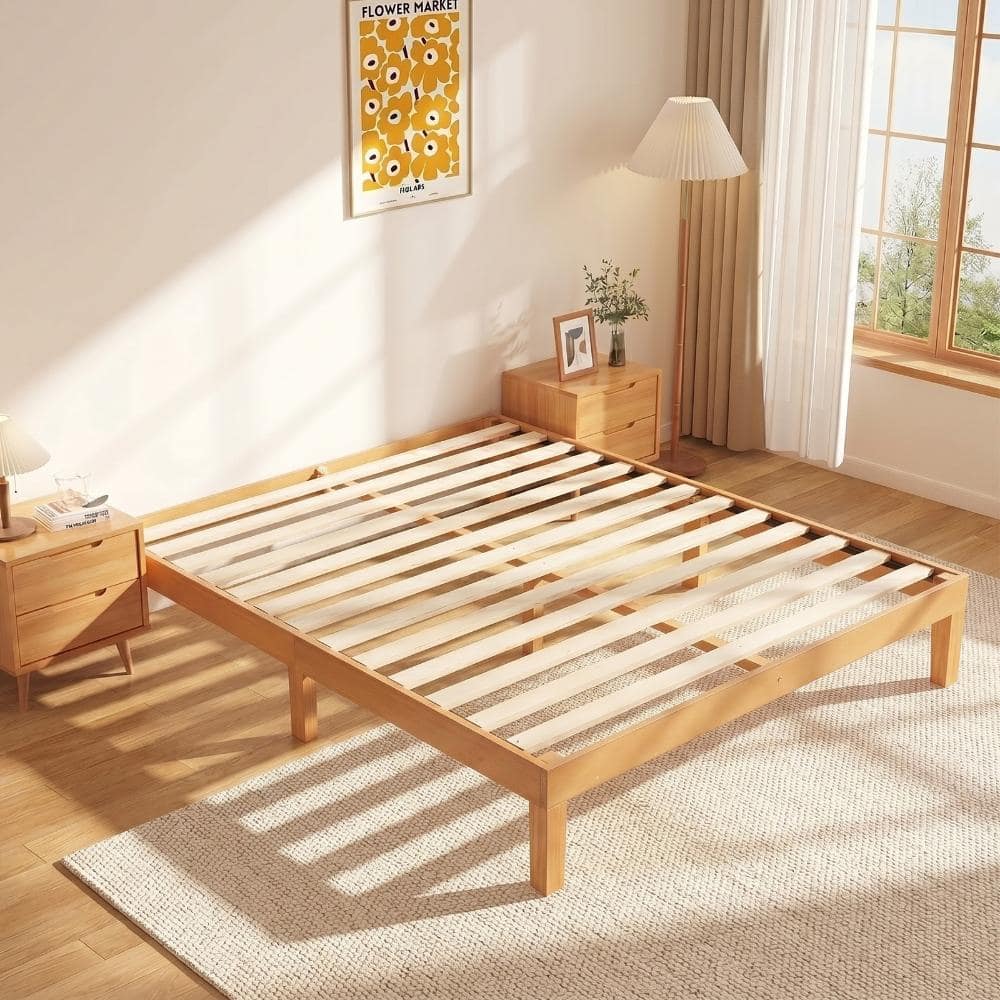 Queen Size Natural Pine Solid Wood Bed Frame Platform Bed with Wooden Slat Support & Noise-Free