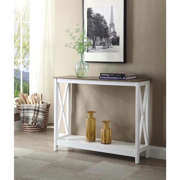 Convenience Concepts Oxford 39.5 in. L Driftwood and White 31.5 in. H Rectangle Wood Console Table with Bottom Shelf
