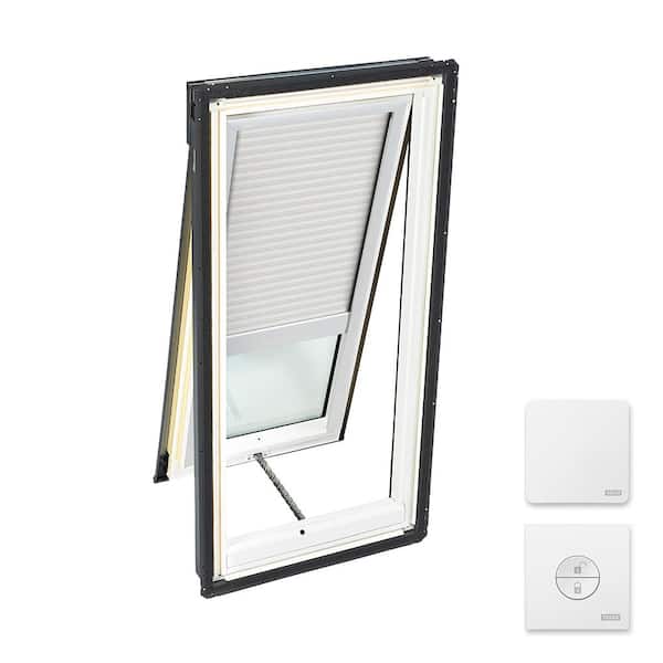 VELUX 30-1/16 in. x 45-3/4 in. Venting Deck Mount Skylight w/ Laminated LowE3 Glass, White Solar Powered Light Filtering Blind
