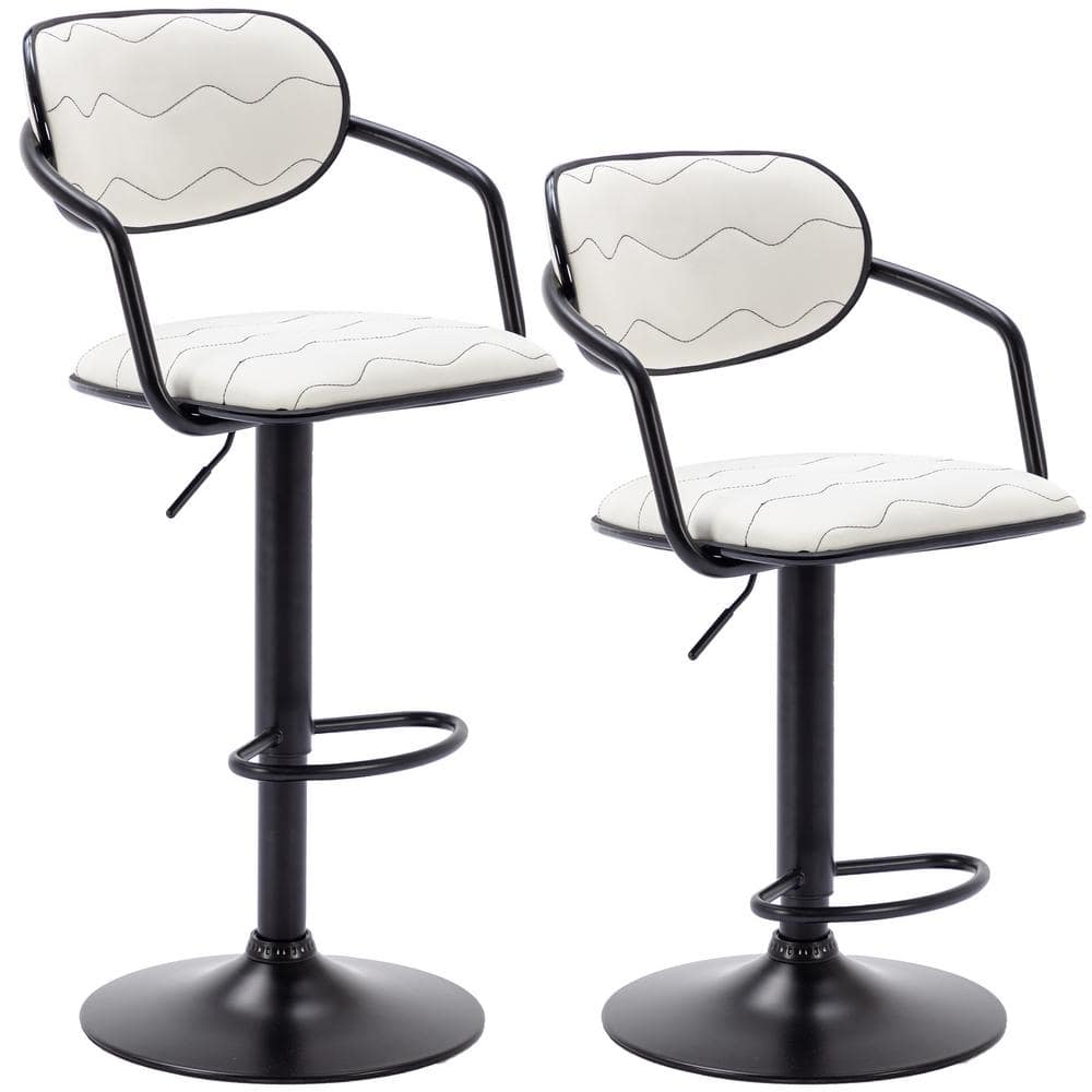Adjustable White Faux Leather Swivel Bar Stools with Black Metal Frame, Set of 2