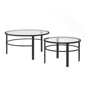 Gaia 36 in. 2-Piece Blackened Bronze Round Glass Top Coffee Table Set with Nesting Tables
