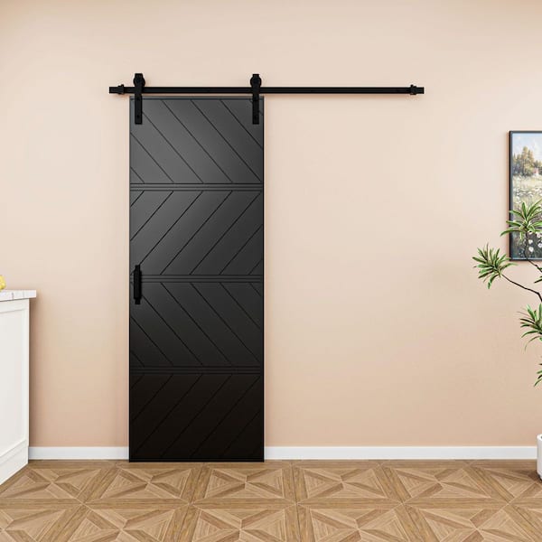 30 in. x 84 in. Paneled 4-Segments Wave Design Black MDF Sliding Barn Door Slab with Installation Hardware Kit