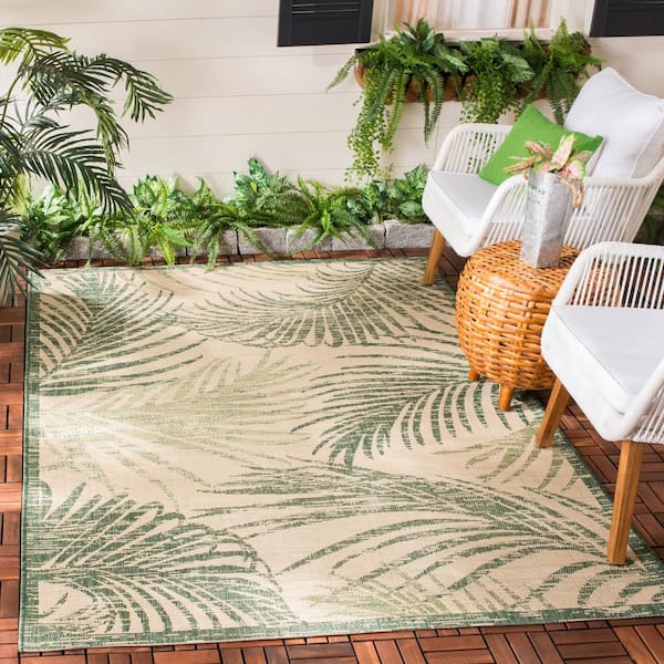 Courtyard Beige/Green 5 ft. x 5 ft. Border Palm Leaf Indoor/Outdoor Square Area Rug