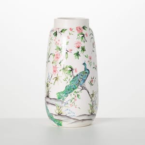 12.25 in. White Peacock and Floral Ginger Vase, Ceramic