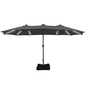 15 ft. Outdoor Rectangular Crank Market Umbrella Patio Umbrella in Gray with Solar Detachable Lights and Base