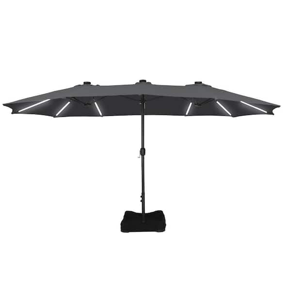 Clihome 15 ft. Outdoor Rectangular Crank Market Umbrella Patio Umbrella in Gray with Solar Detachable Lights and Base