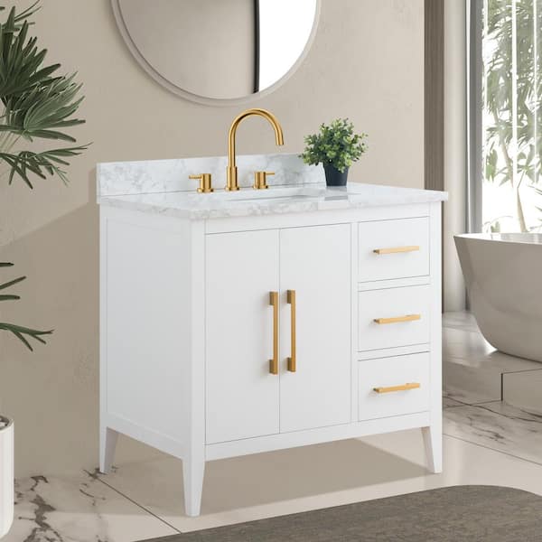 36 in. W x 22 in. D x 34 in. H Single Sink Bathroom Vanity Cabinet in White with Engineered Marble Top in White