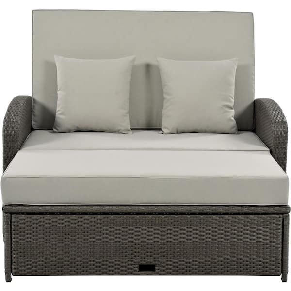 Unbranded 2-Person PE Wicker Rattan Outdoor Day Bed, Patio Reclining Daybed with Adjustable Back and Gray Cushions