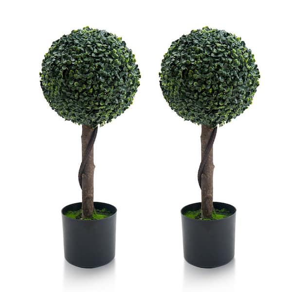 2-Piece 2 ft. Artificial Topiary Trees, 24 in. Milan Grass Ball Topiary Trees with Double Balls Boxwood Ball Trees